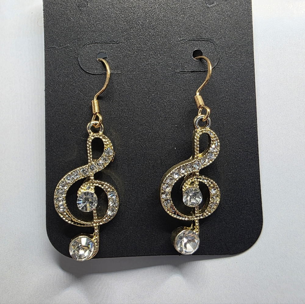 Treble Clef Gold Plated Rhinestone‎ Music Note Earrings Handmade Hypoallergenic